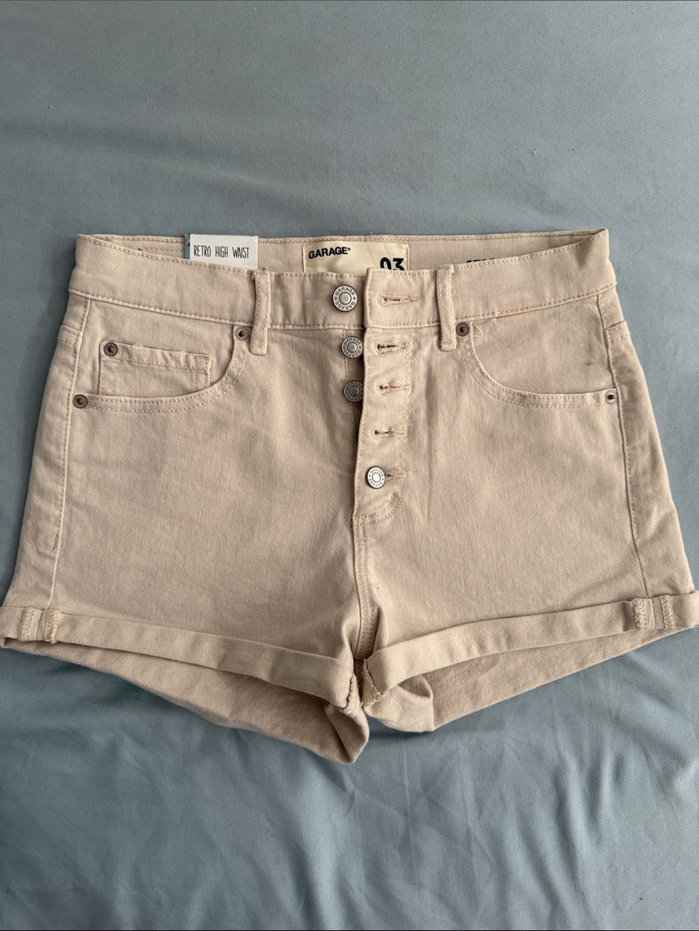 Garage High-Rise Button-Front Beige Denim Shorts